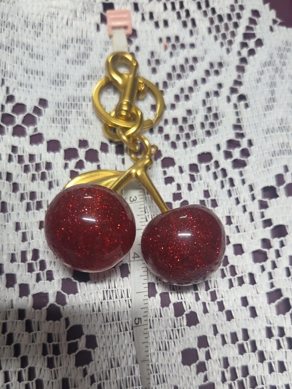 Glitter Cherry Keychain Charm in Red and Gold